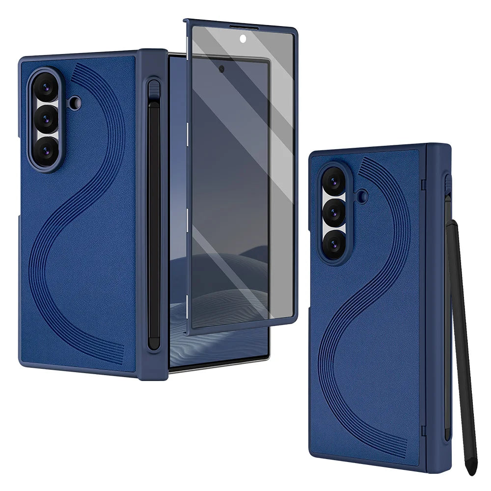 PU Leather Glass Film Pen Slot with Pen Phone Case for Samsung Galaxy Z Fold 7 6 Fold6 Fold7 Hinge Protection Cover
