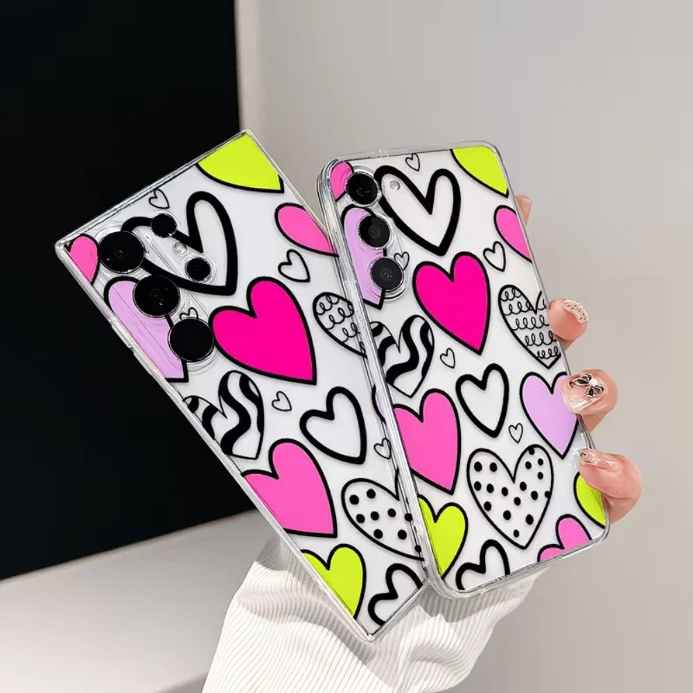 Heart Shape Graffiti Clear TPU Phone Case For Samsung Galaxy S26 S25 S24 S23 S22 S21 S20 Ultra Plus FE Edge 2022 5G Slim Cover
