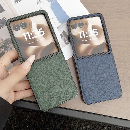 Plain Leather Lychee Patterned Case For Moto Razr 60 Ultra Razr60 Motorola razr 50 Ultra razr+ 2024 Camera protect Cover