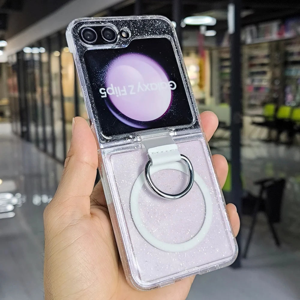 Z Flip7 FE Glitter Transparent Magnetic Ring Phone Case For Samsung Galaxy Z Flip 7 6 5 4 3 Wireless Charging Shockproof Cover