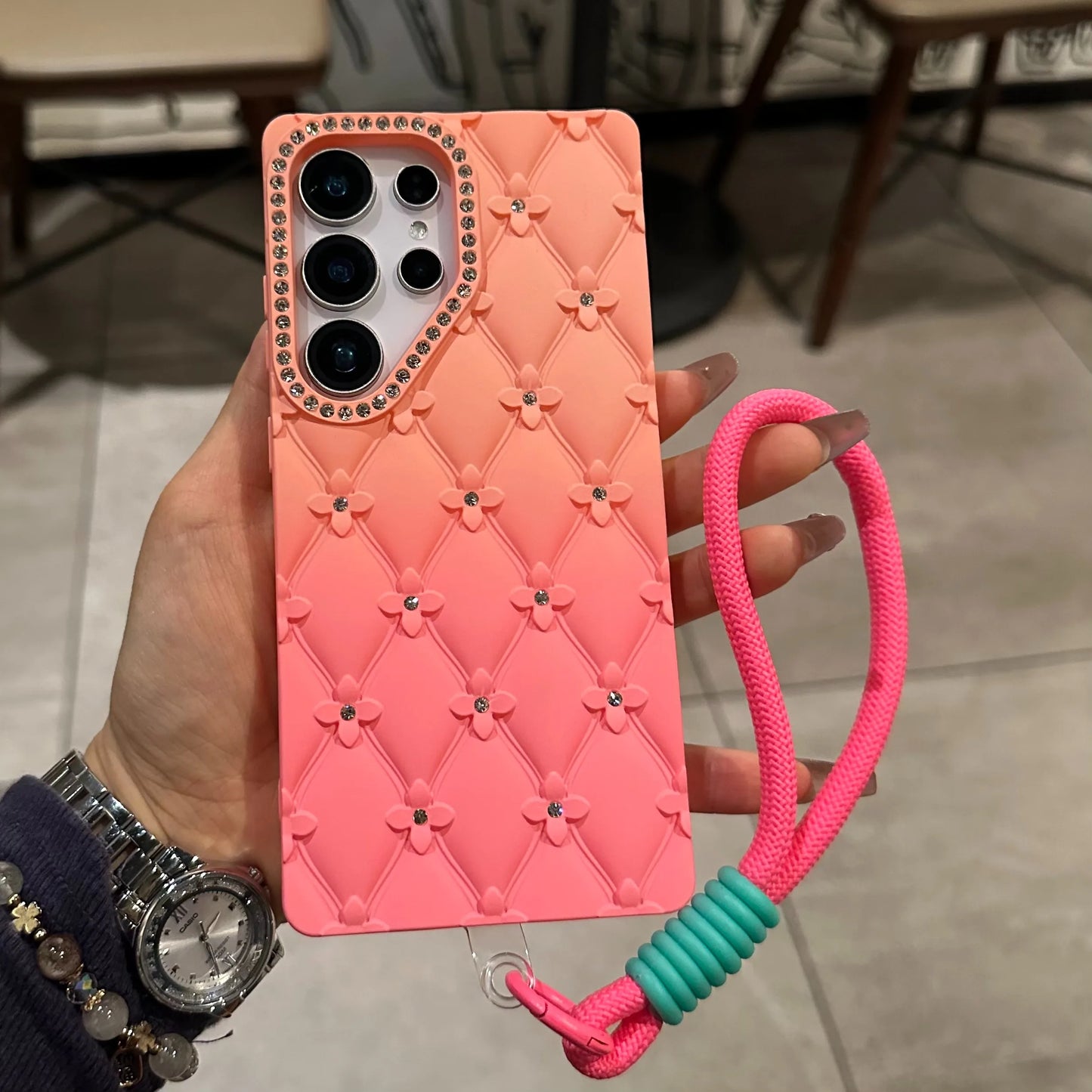 Luxury Glitter Diamond 6D Flowers S25 Edge Gradient Case For Samsung Galxy S25 S24 S23 Ultra Plus FE A26 A16 Wrist Strap Cover