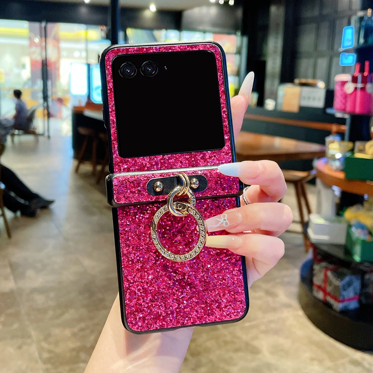 Artificial Glitter Ring Holder Sparkling Rhinestones Case For Motorola Razr 50 60 Ultra 2025 + 2024 Shiny Diamond Plating Cover