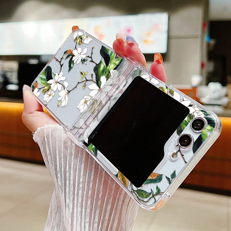 Flower Pattern Folding Case For Samsung Galaxy Z Flip7 FE Flip7 Flip6 Clear Shockproof Cover For Samsung Galaxy Z Flip 7 6 5 4 3