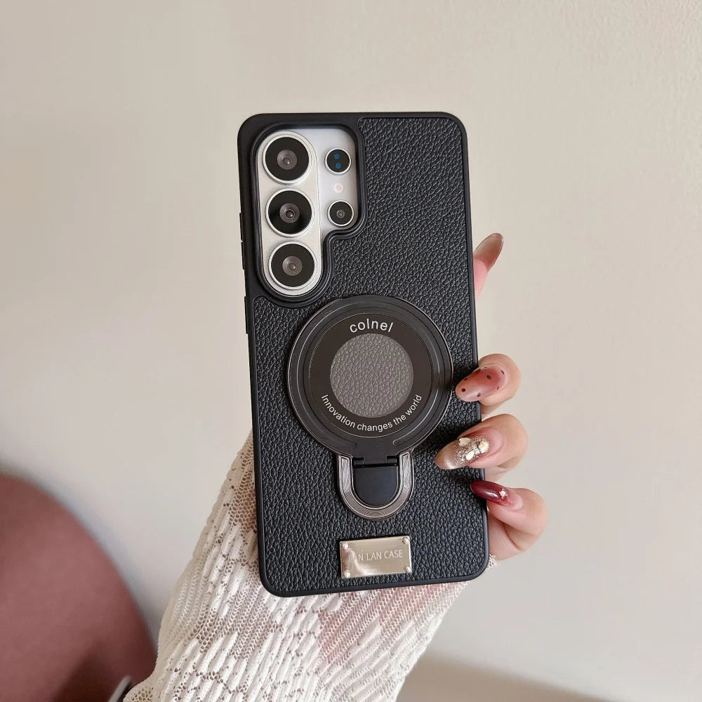 Luxury Leather Magnetic Bracket Case for Samsung Galaxy S26 S25 S24 S23 Ultra Plus Wireless Charge Ring Holder Shockproof Cover