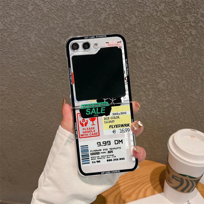 For Samsung Z Flip 5 6 Case Retro Bar Code Art Label Folding Phone Case for Samsung Z Flip 4 Z Flip3 Transparent Hard Back Cover