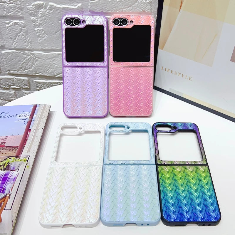 Gradient Color Weave Pattern Case for Samsung Galaxy Z Flip 3 4 5 6 7 5G ZFlip7 ZFlip6 2-piece Set Luxury Shockproof Back Cover