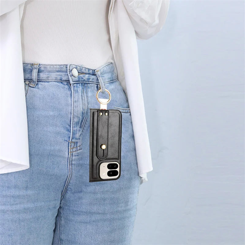 Luxury Wristband Leather Stand Case for Google Pixel 9 Pro Fold Cover Foldable With Ring Opener Hook Coque Fundas Capa