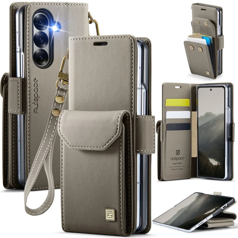 Wrist Strap Leather Wallet Phone Case for Samsung Galaxy Z Fold 8 Ultra 7 6 5 Fold8 Fold7 Fold6 Cards Holder Funda Cover Hoseje