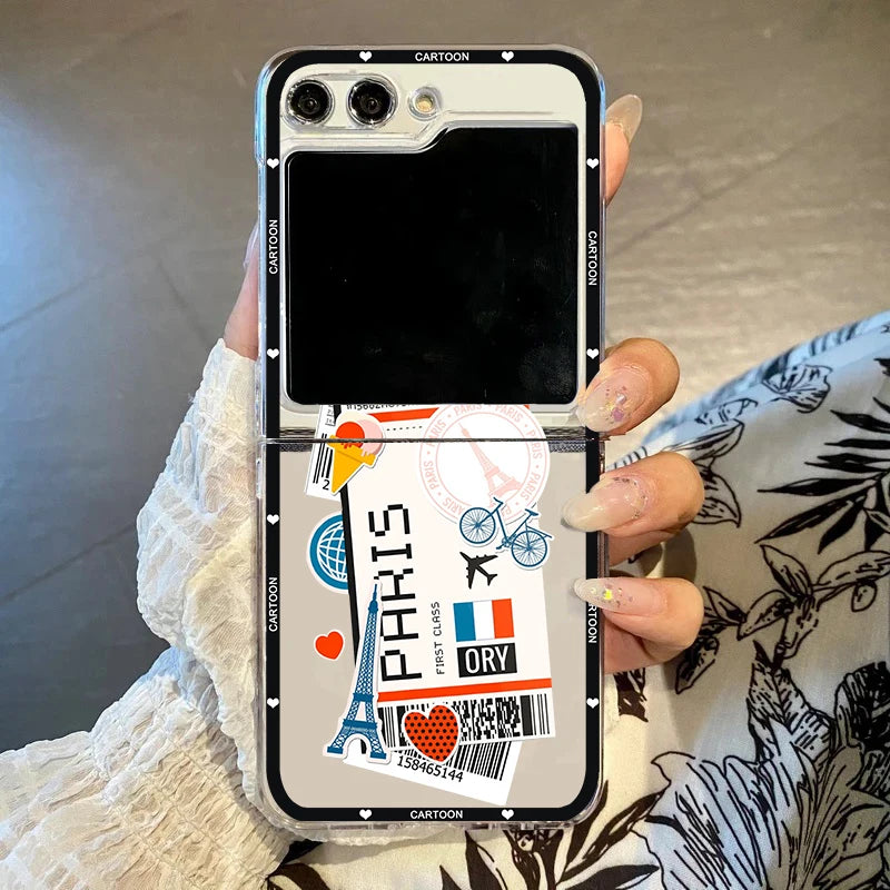 Hot Ticket Travel Label New York Tokyo Phone Case For Samsung Galaxy Z Flip 7 6 5 3 4 Clear Hard PC Folding Cover For Z Flip 6