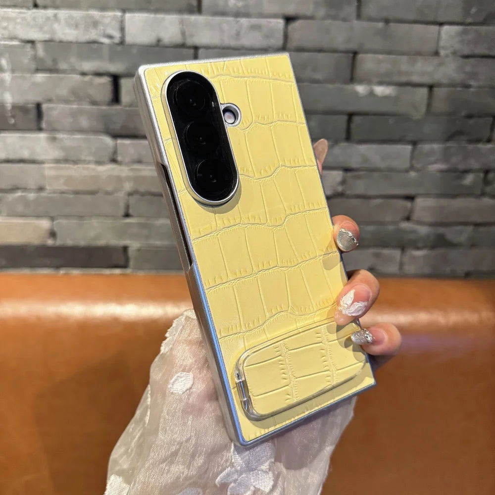 3D Crocodile Skin Pattern PU Phone Case For Samsung Galaxy Z Fold 7 6 5 4 3 Fold7 ins Y2K Invisible Makeup Mirror Bracket Cover