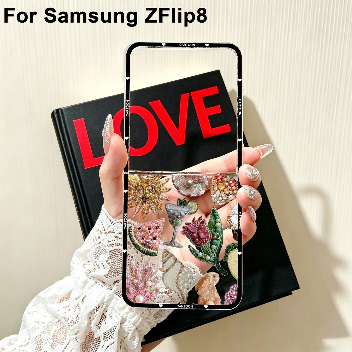 For Samsung Z Flip 8 Beaded Pomegranate Sun Phone Case for Samsung Galaxy Z Flip 8 ZFlip8 Flip8 Clear Hard PC Folding Cover