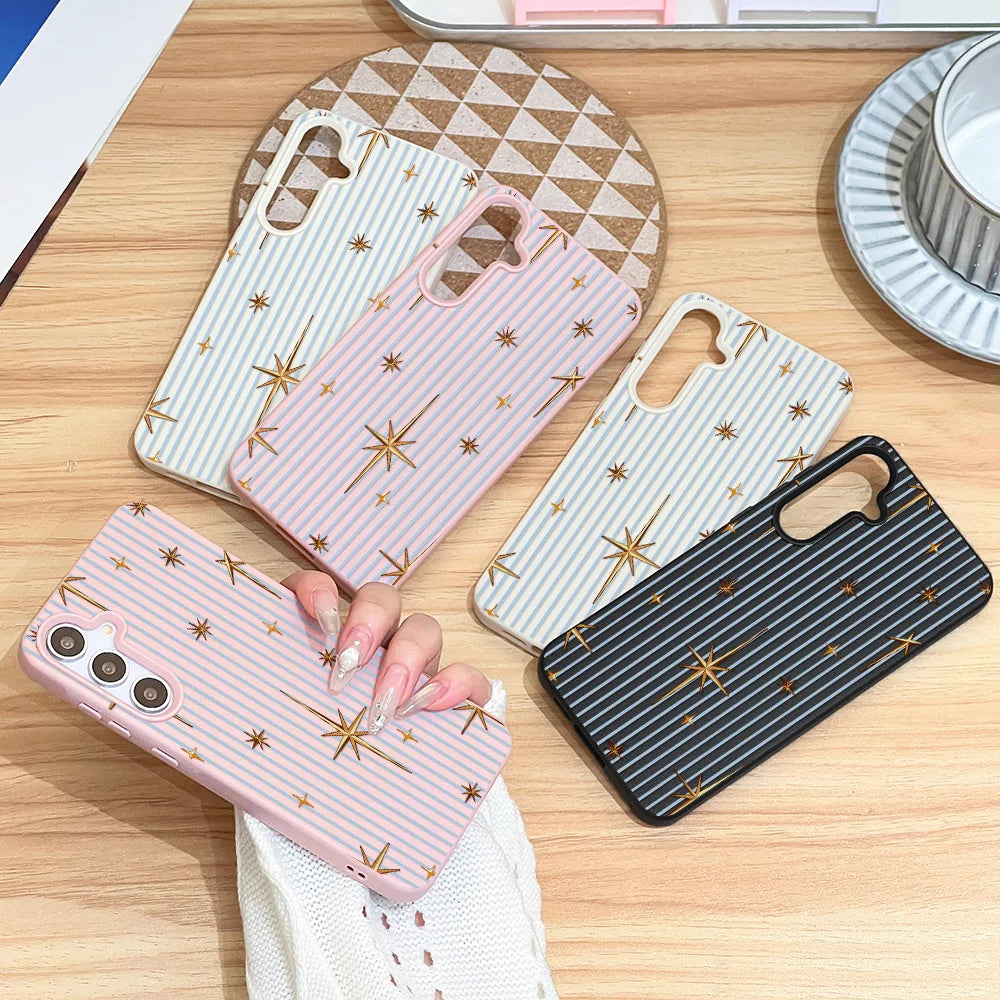 Phone Case for Samsung Galaxy S26 S25 S23 Ultra S24 FE A57 A56 A55 A54 5G A07 A06 4G Stripe Gold Star Textured Surface Anti-drop