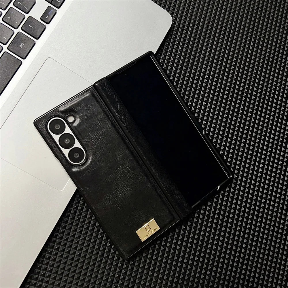 Retro Leather Hard Shell Shockproof Phone Case for Samsung Galaxy Z Fold 6 5 4 3 Fold6 Fold5 Fold4 Fold3 Hinge Protective Cover