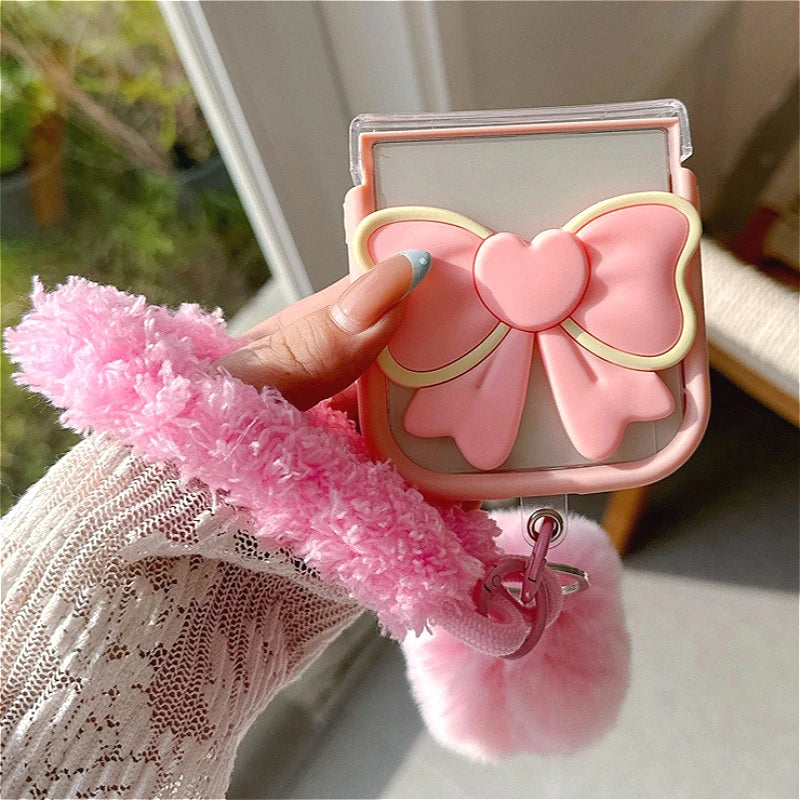 3D Bow Clear Case With Hairball Pendant For Samsung Galaxy Z Flip 3 4 5 6 7 5G ZFlip7 Protect Lovely 3-PIECE Set Cute Cover Gift