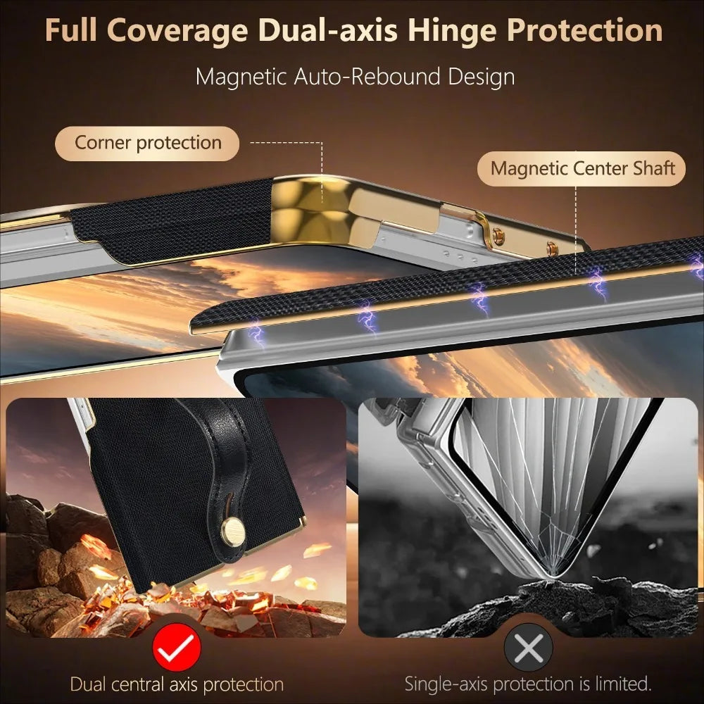 Business Plaid Leather Texture Case for Samsung Galaxy Z Fold 8 Ultra Fold7 6 Dual-Axis Hinge Protection Wrist Strap Fit Cover