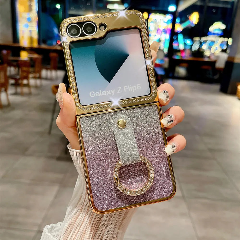 Ring Holder PU Leather Plating Case For Samsung Galaxy Z Flip 6 Flip 5 Flip 4 Zflip 3 Bling Diamond Shockproof Cover