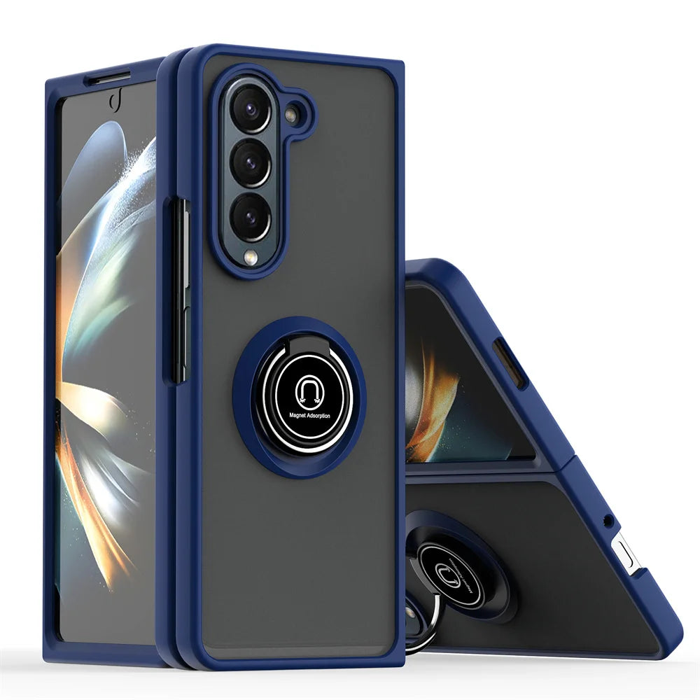 Matte Rotating Holder Magnetic Phone Case For Samsung Galaxy Z Fold 7 6 5 4 3 Car Ring Armor Shockproof Cover