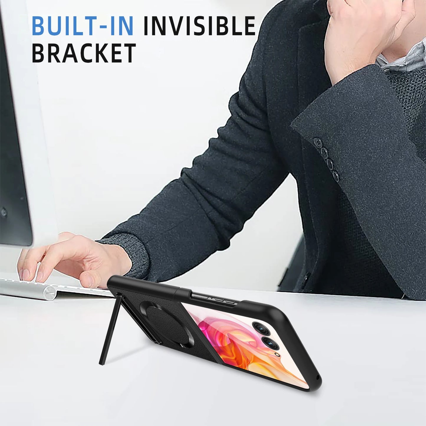 Luxury Leather Magsafe Ring Case For Motorola MOTO RAZR 50 Ultra RAZRPlus 2024 Kickstand Holder Cover 9H HD Glass Film Protector