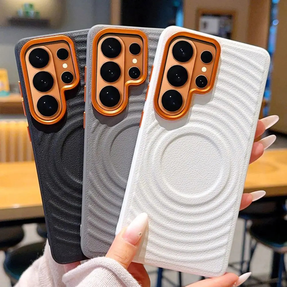 Luxury Water Ripple Leather Pattern for Magnetic Case for Samsung Galaxy S26 Ultra S25 Edge S24 Ultra Orange Lens Frame Cover